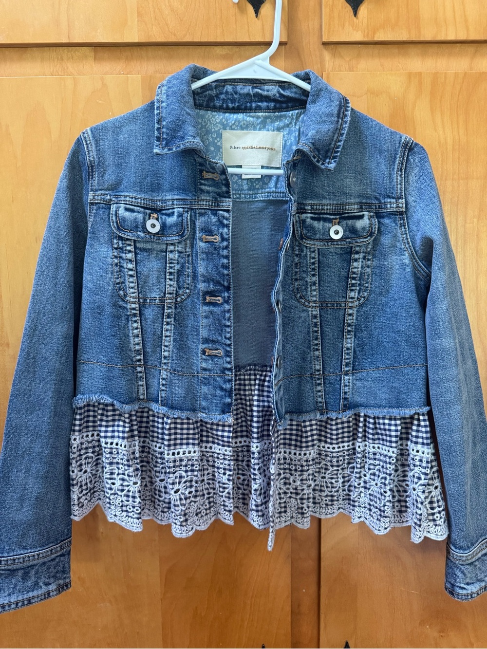 Pilcro and the Letterpress Blue Denim Jacket with Gingham & Lace Hem